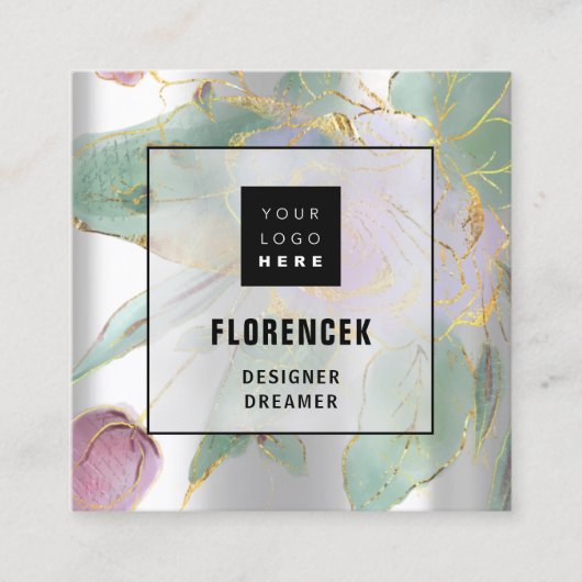 Aangepaste Logo QR CODE Zilvergrijze groene Floral Vierkante Visitekaartje (Voorkant)
