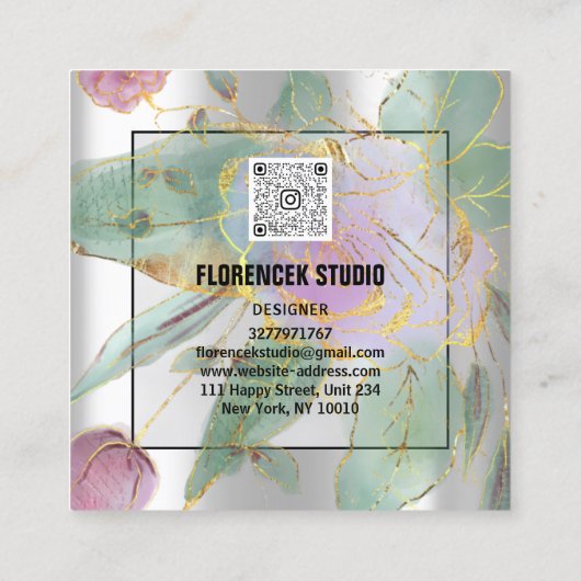 Aangepaste Logo QR CODE Zilvergrijze groene Floral Vierkante Visitekaartje (Achterkant)