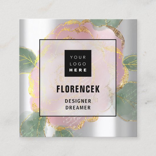 Aangepaste Logo QR-CODE Zilvergrijze groene Rozen Vierkante Visitekaartje (Voorkant)