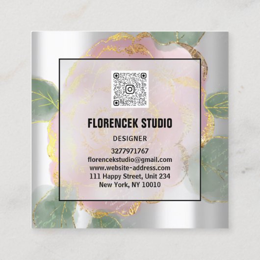 Aangepaste Logo QR-CODE Zilvergrijze groene Rozen Vierkante Visitekaartje (Achterkant)