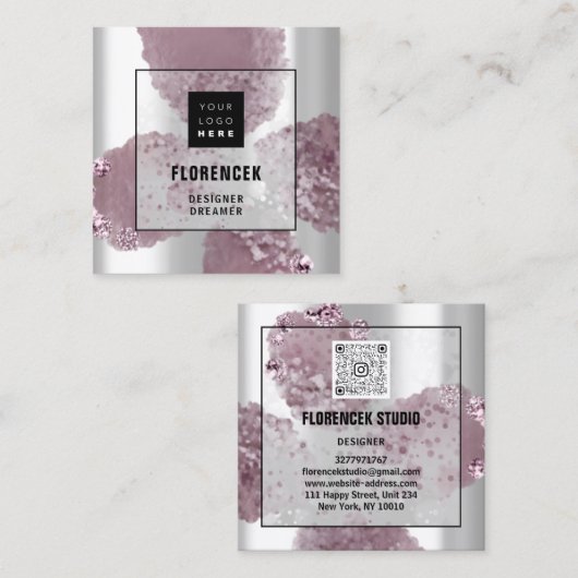 Aangepaste Logo QR CODE Zilvergrijze Paarse krista Vierkante Visitekaartje (Voorkant / Achterkant)