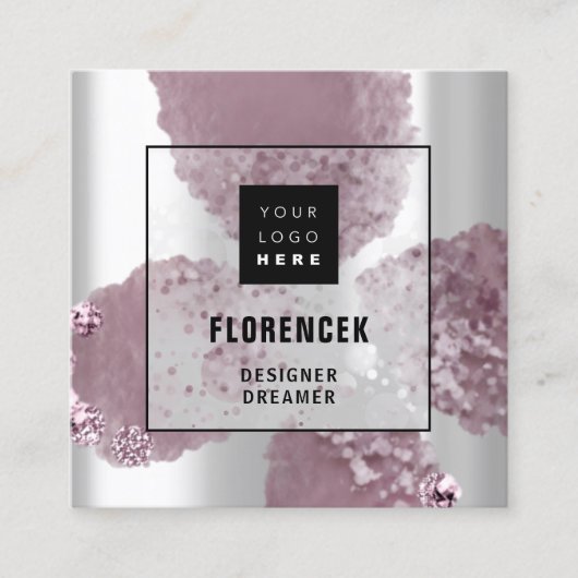 Aangepaste Logo QR CODE Zilvergrijze Paarse krista Vierkante Visitekaartje (Voorkant)