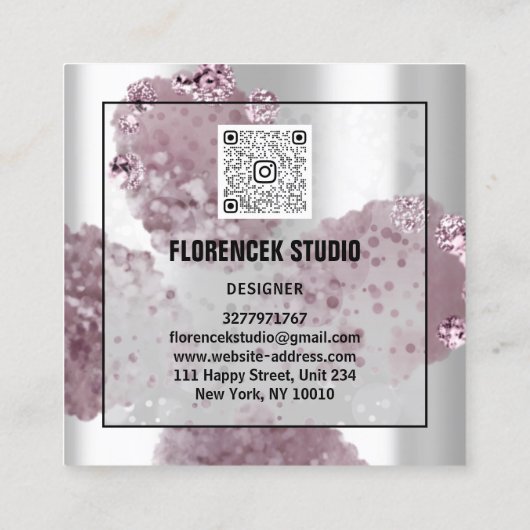 Aangepaste Logo QR CODE Zilvergrijze Paarse krista Vierkante Visitekaartje (Achterkant)