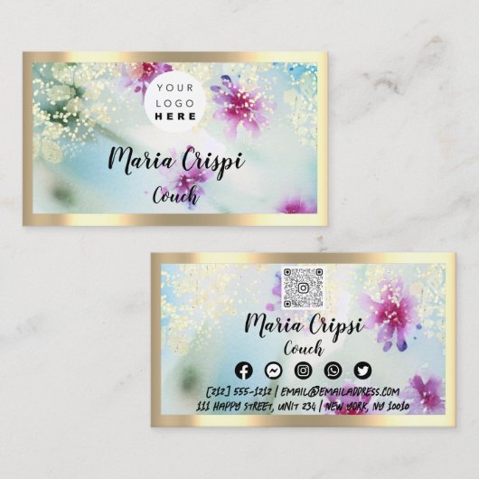 Aangepaste Logo QRCode Social Gold Mint Meadow Flo Visitekaartje (Voorkant / Achterkant)