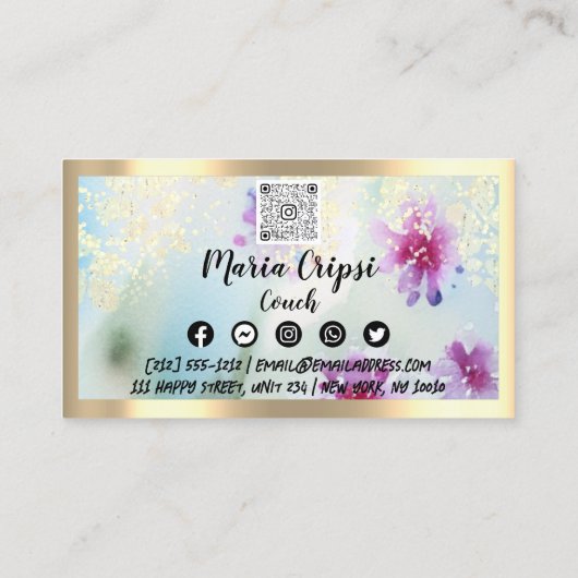 Aangepaste Logo QRCode Social Gold Mint Meadow Flo Visitekaartje (Achterkant)