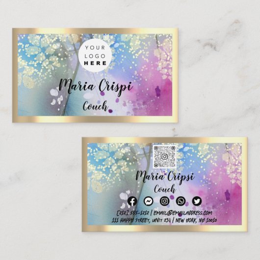 Aangepaste Logo QRCode Social Gold Pastel Waterver Visitekaartje (Voorkant / Achterkant)