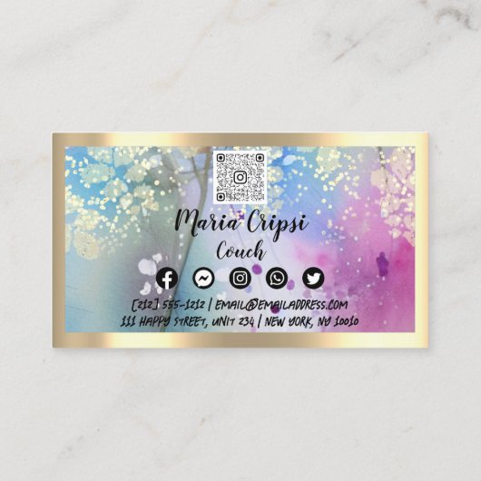 Aangepaste Logo QRCode Social Gold Pastel Waterver Visitekaartje (Achterkant)