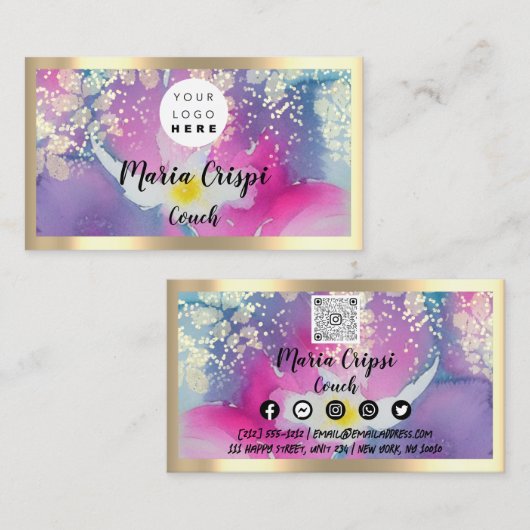 Aangepaste Logo QRCode Social Gold Pink Waterverf Visitekaartje (Voorkant / Achterkant)