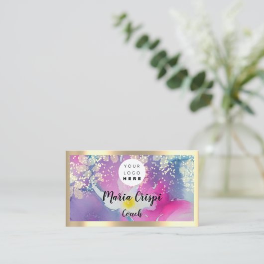 Aangepaste Logo QRCode Social Gold Pink Waterverf Visitekaartje (Staand voorkant)