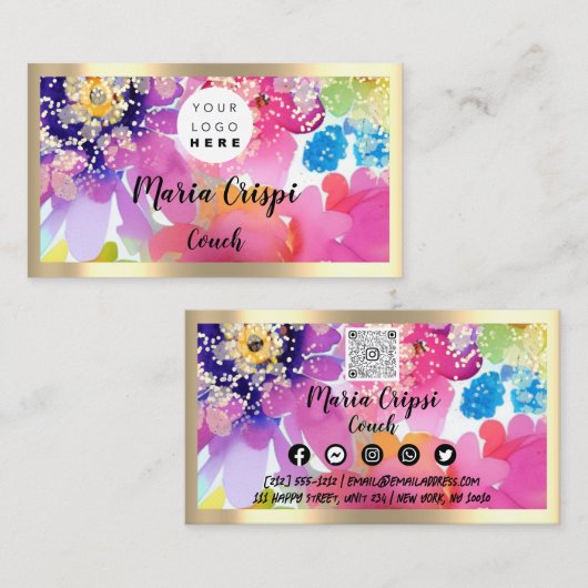 Aangepaste Logo QRCode Waterverf Gold Social Flora Visitekaartje (Voorkant / Achterkant)
