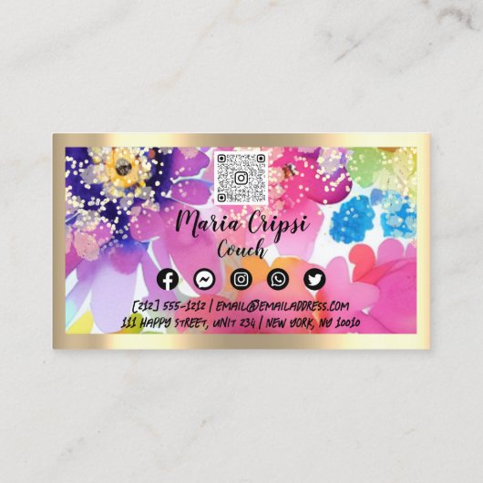 Aangepaste Logo QRCode Waterverf Gold Social Flora Visitekaartje (Achterkant)