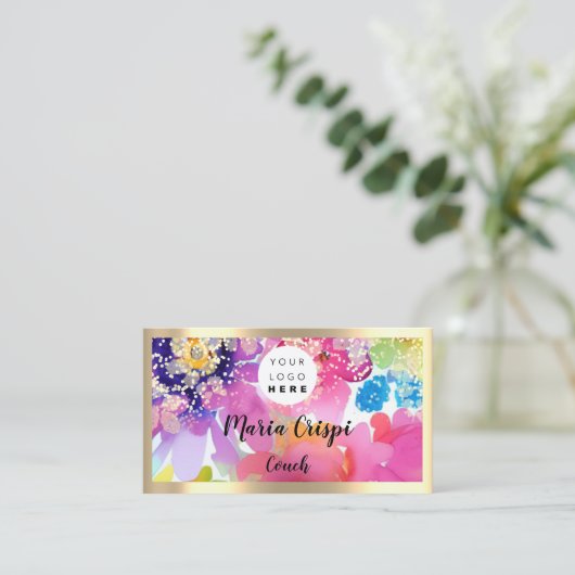 Aangepaste Logo QRCode Waterverf Gold Social Flora Visitekaartje (Staand voorkant)