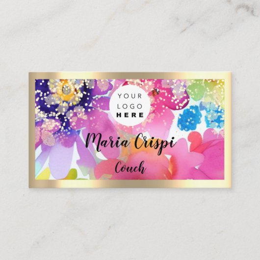 Aangepaste Logo QRCode Waterverf Gold Social Flora Visitekaartje (Voorkant)