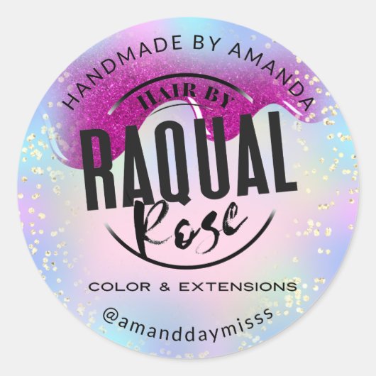 Aangepaste Logo Small Business Holographic Roze Na Ronde Sticker (Voorkant)