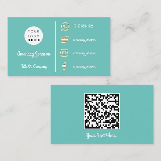 Aangepaste Logo sociale media Gold QR-code Aqua Bl Visitekaartje (Voorkant / Achterkant)