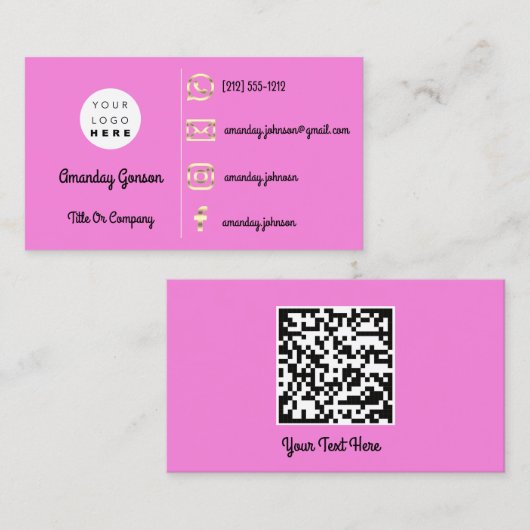 Aangepaste Logo sociale media Gold QR Code Roze Visitekaartje (Voorkant / Achterkant)