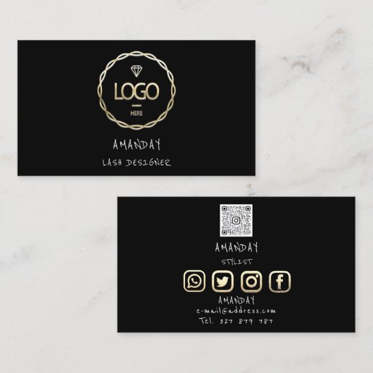 Aangepaste Logo sociale media QR-code Gold Black Visitekaartje (Voorkant / Achterkant)