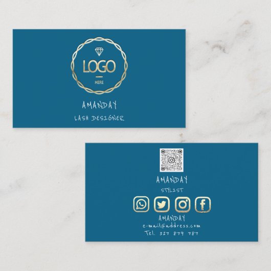Aangepaste Logo sociale media QR-code Gold Blue In Visitekaartje (Voorkant / Achterkant)