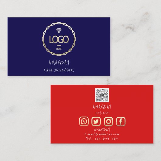 Aangepaste Logo sociale media QR Code Gold Navy Re Visitekaartje (Voorkant / Achterkant)