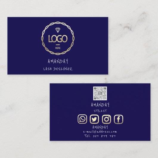 Aangepaste Logo sociale media QR Code Gold Navy Visitekaartje (Voorkant / Achterkant)