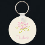 Aangepaste Lotus Flower/Water Lily Sleutelhanger<br><div class="desc">Een omtrek van een lotusbloem/waterlelie. De in roze geschetste zaden en de in groen geschetste bladeren. Personaliseer met jouw naam in een heet roze chic doopvont.</div>