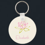 Aangepaste Lotus Flower/Water Lily Sleutelhanger<br><div class="desc">Een omtrek van een lotusbloem/waterlelie. De in roze geschetste zaden en de in groen geschetste bladeren. Personaliseer met jouw naam in een heet roze chic doopvont.</div>