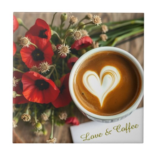 Aangepaste Love & Coffee-beker met wit schuimhart Tegeltje (Voorkant)
