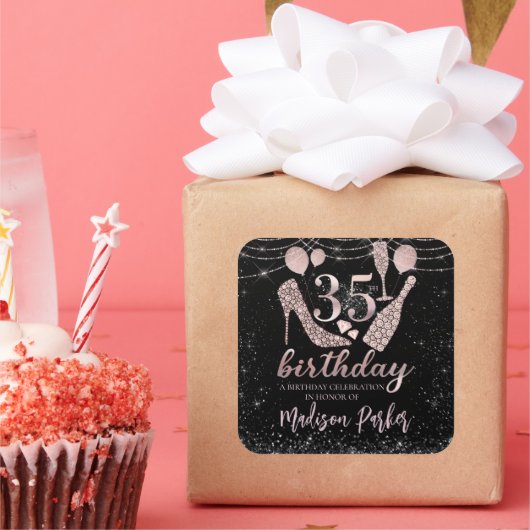Aangepaste Luxe 35th Birthday Glitter Vierkante Sticker (Feest)