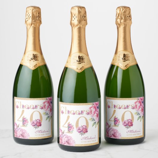 Aangepaste luxe 40e verjaardag Pink Gold Glitter Sparkling Wijnetiket (Flessen)