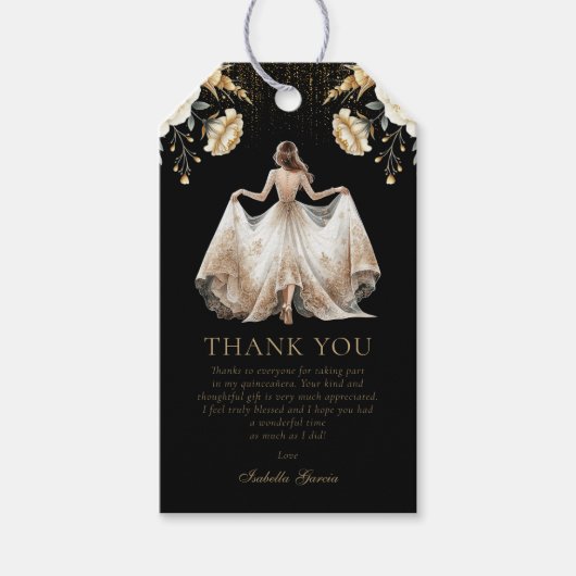 Aangepaste luxe zwart ivoor & goud quinceañera cadeaulabel (Voorkant)