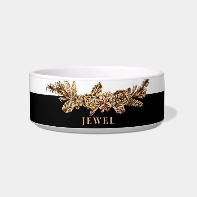 Aangepaste Luxury Golden Flowers Elegant Classy Voerbakje (Voorkant)