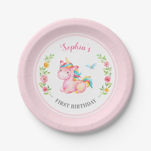 Aangepaste Magische Unicorn First Birthday Party Papieren Bordje (Voorkant)