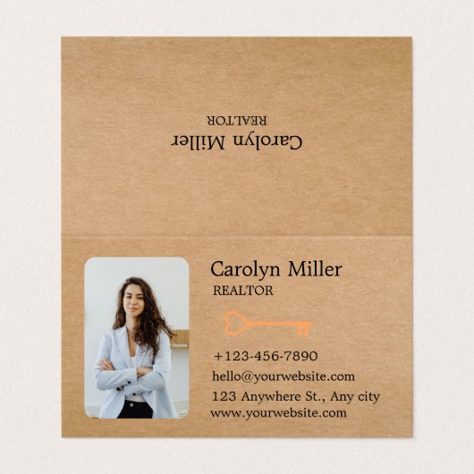 Aangepaste makelaar Foto & Gouden Sleutel Kraft Ge Visitekaartje (Buitenkant ongevouwen)