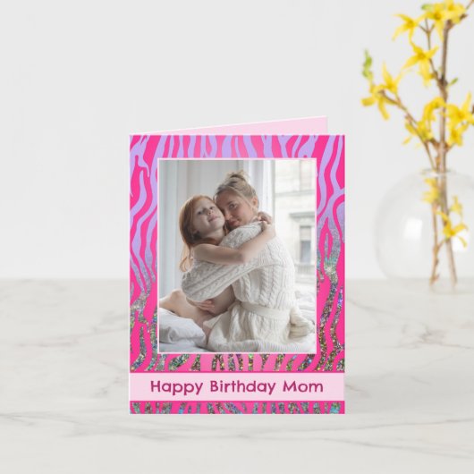 Aangepaste Mam Roze tijger print Birthday Kaart (Gele Bloem)