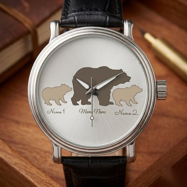 Aangepaste Mama Beer Met 2 Kinder Namen Moederdag  Horloge (Creator heeft geüpload)