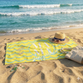 Aangepaste MAMA-scriptnaam Gele Blauwe Scallop-str Strandlaken