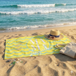 Aangepaste MAMA-scriptnaam Gele Blauwe Scallop-str Strandlaken