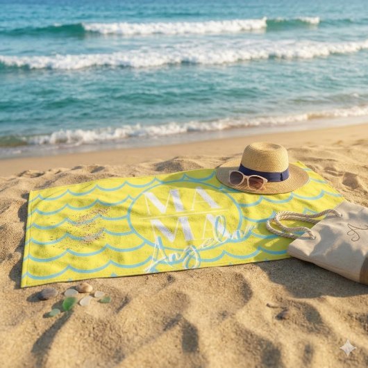 Aangepaste MAMA-scriptnaam Gele Blauwe Scallop-str Strandlaken