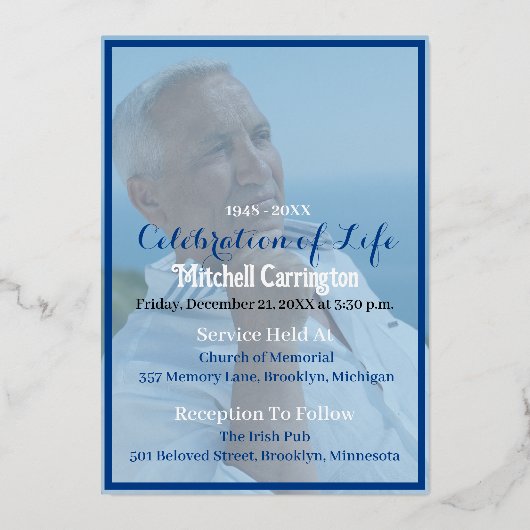 Aangepaste mannelijke begrafenis volledige fotouit folie uitnodiging (Voorkant)