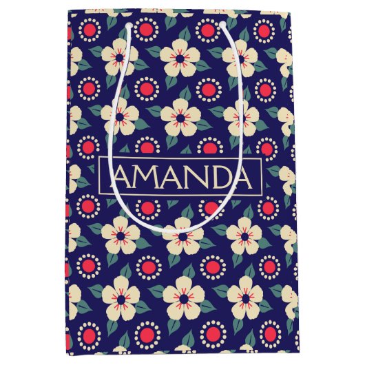 Aangepaste Marine Blauw met Crème Bloemen Gift Bag Medium Cadeauzakje (Voorkant)