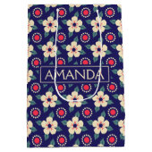 Aangepaste Marine Blauw met Crème Bloemen Gift Bag Medium Cadeauzakje (Achterkant)