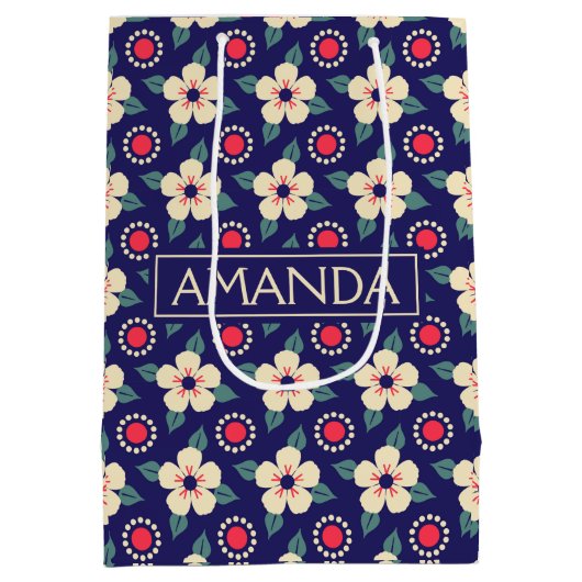 Aangepaste Marine Blauw met Crème Bloemen Gift Bag Medium Cadeauzakje (Achterkant)