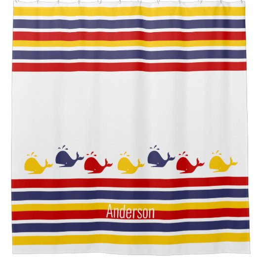 Aangepaste Marine Blauw Rood Geel WALVIS Streep na Douchegordijn (Voorkant)