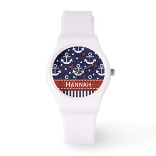 Aangepaste marine Blue en Red Anchor Horloge