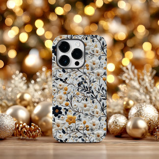 Aangepaste Marine en Goud Geborduurde Bloemen & Be Case-Mate iPhone 14 Pro Hoesje