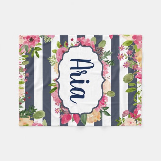 Aangepaste marine gestreept florale mandje fleece deken (Voorkant (Horizontaal))