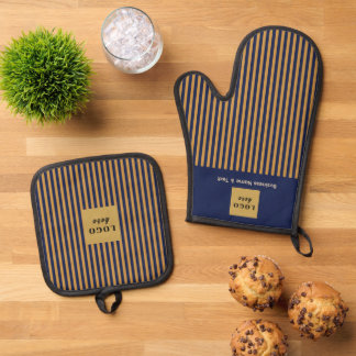 Aangepaste Marine & Gouden Streep Ovenwant & Pannenlap Set
