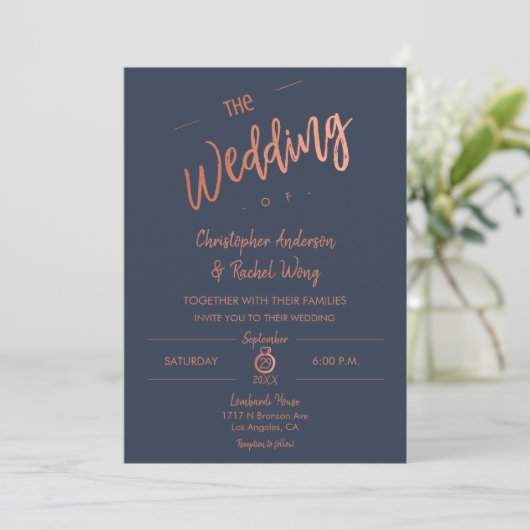 Aangepaste marine Simple Script Roos Gold Foil Wed Kaart (Staand voorkant)