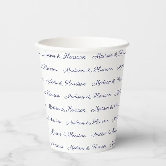 Aangepaste marine wit script paar naam tekst elega papieren bekers (Voorkant)