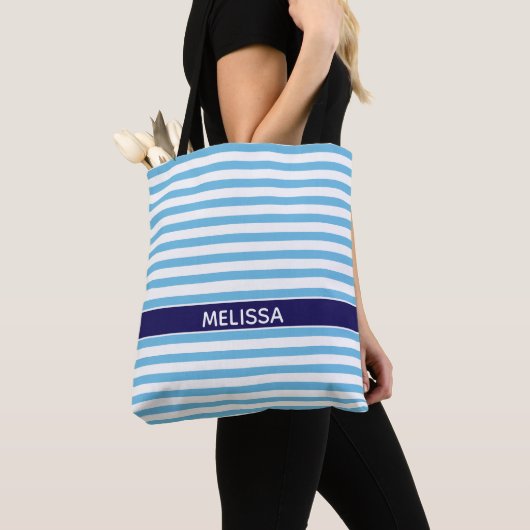 Aangepaste marineblauw en witte gestreept tote bag (Dichtbij)